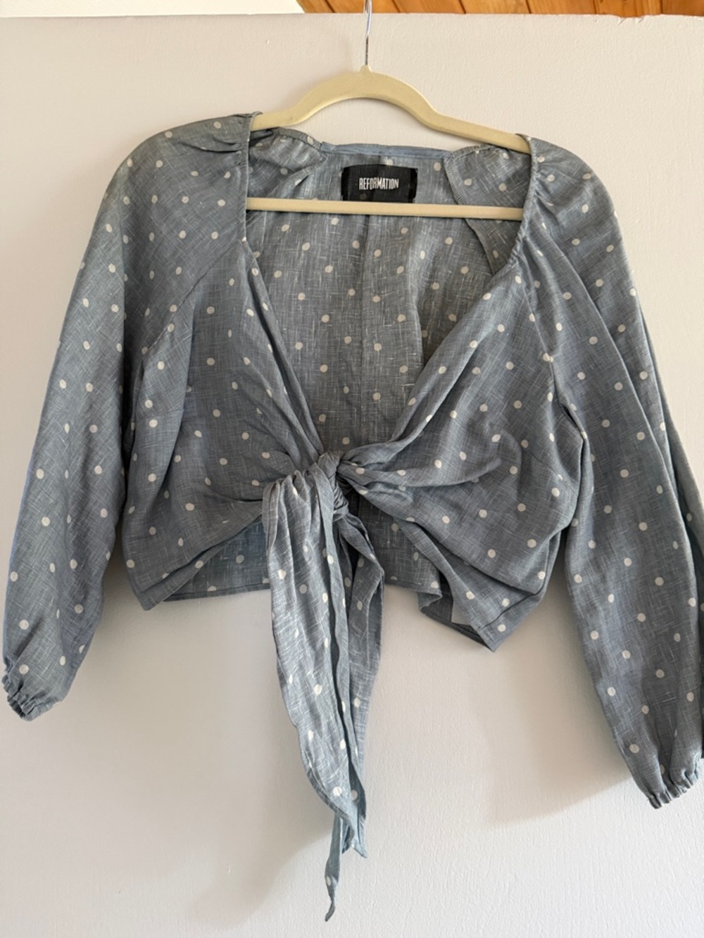 Reformation Light Blue Polka Dot Tie-Front Crop Blouse